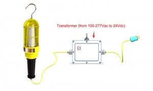 Explosion Proof Hand Lamp with inline transformer - 220V to 24V DC - 10 Meter Cord - 180 Beam Angle