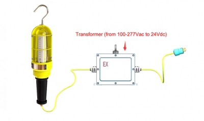 Flameproof Hand Lamp with inline transformer - Zone 1&amp;21 - 220V to 24V DC - 10 Meter Cord - 180 Beam Angle