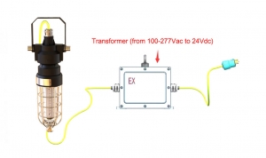 Explosion Proof Drop Light with Inline Transformer - Zone 1&amp;21 - 220V to 24V DC - 10 Meter Cord - 180 Beam Angle