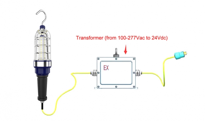 Explosion Proof Hand Lamp with inline transformer - 220V AC to 24V DC - 10 Meter Cord